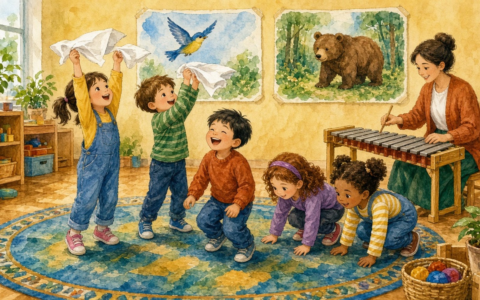 Grupas zālē seši bērni (4–5 gadi): divi stāv uz pirkstgaliem ar augstu paceltām rokām un baltiem lakatiņiem, trīs pietupušies pie grīdas, bet viens zēns smejas pa vidu. Audzinātāja sēž pie metalofona ar vālīti rokā, blakus pie sienas lielas kartītes ar putnu augšā un lāci apakšā.
