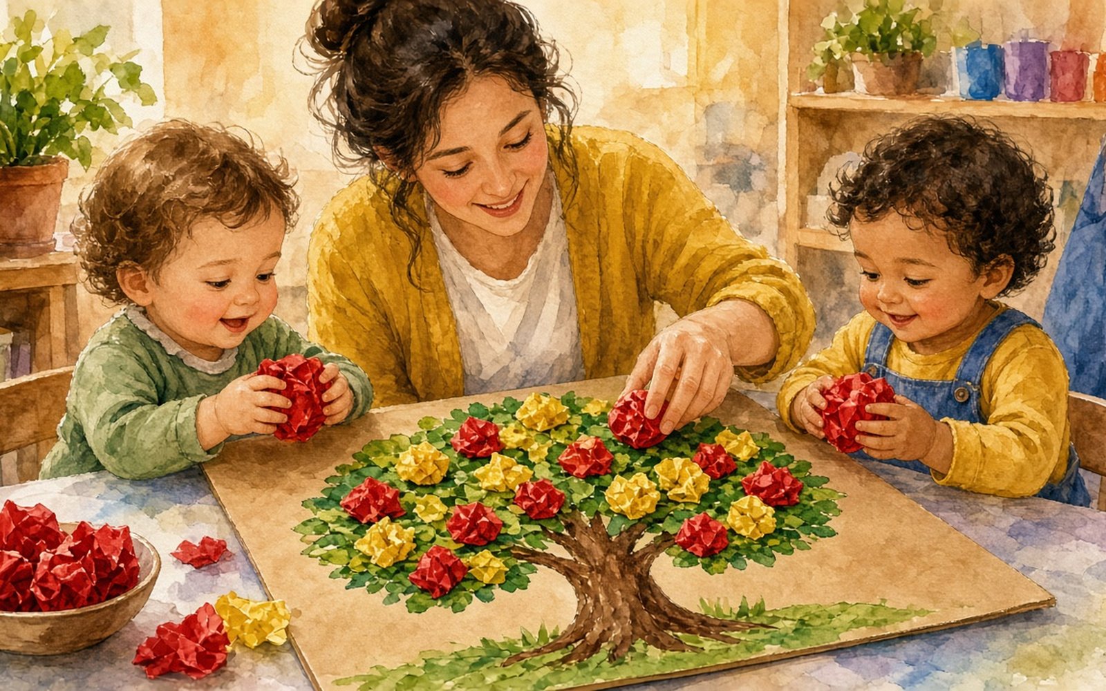Pie zema galda divi mazuļi (1–2 gadi) burza sarkana krepa papīra gabalus mazās bumbiņās, bet uz liela kartona ar uzzīmētu zaļu ābeli jau pielīmētas vairākas sarkanas un dzeltenas papīra bumbiņas kā āboli. Audzinātāja tur papīra gabalu un palīdz vienam bērnam piespiest bumbiņu.