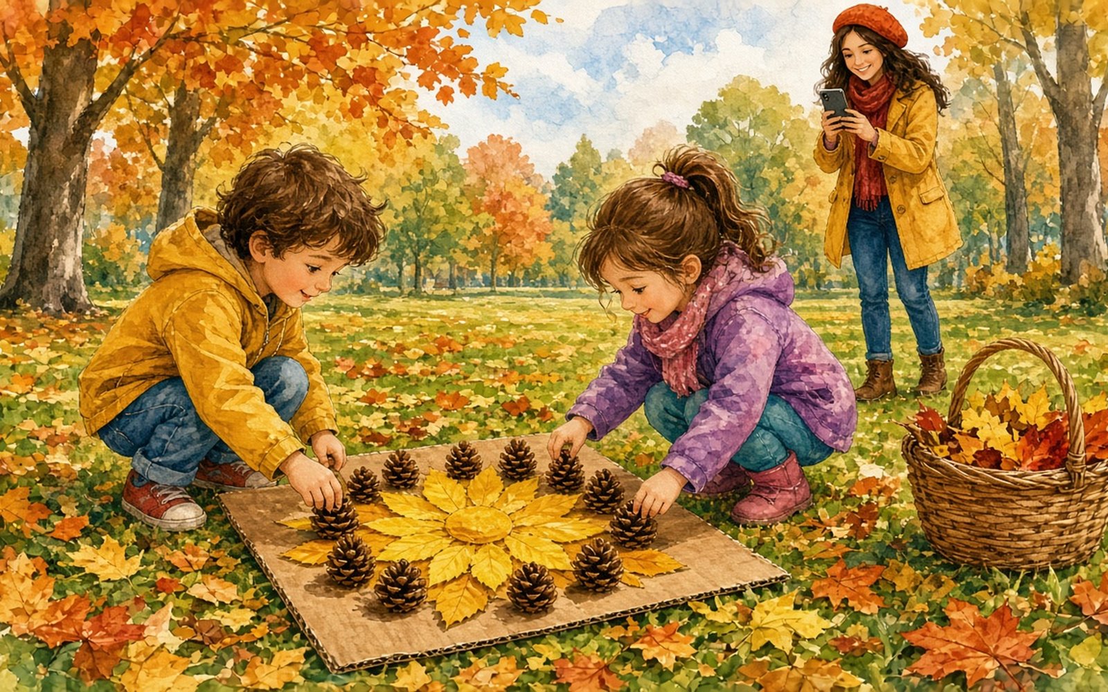 Rudens parkā uz zāles guļ kartona rāmis, kura iekšpusē no dzeltenām lapām salikta saule, bet zēns un meitene (4–5 gadi) tupus pievieno čiekurus kā saules starus. Blakus stāv groziņš ar zariem un lapām, un audzinātāja tur rokā telefonu, lai darbu nofotografētu.