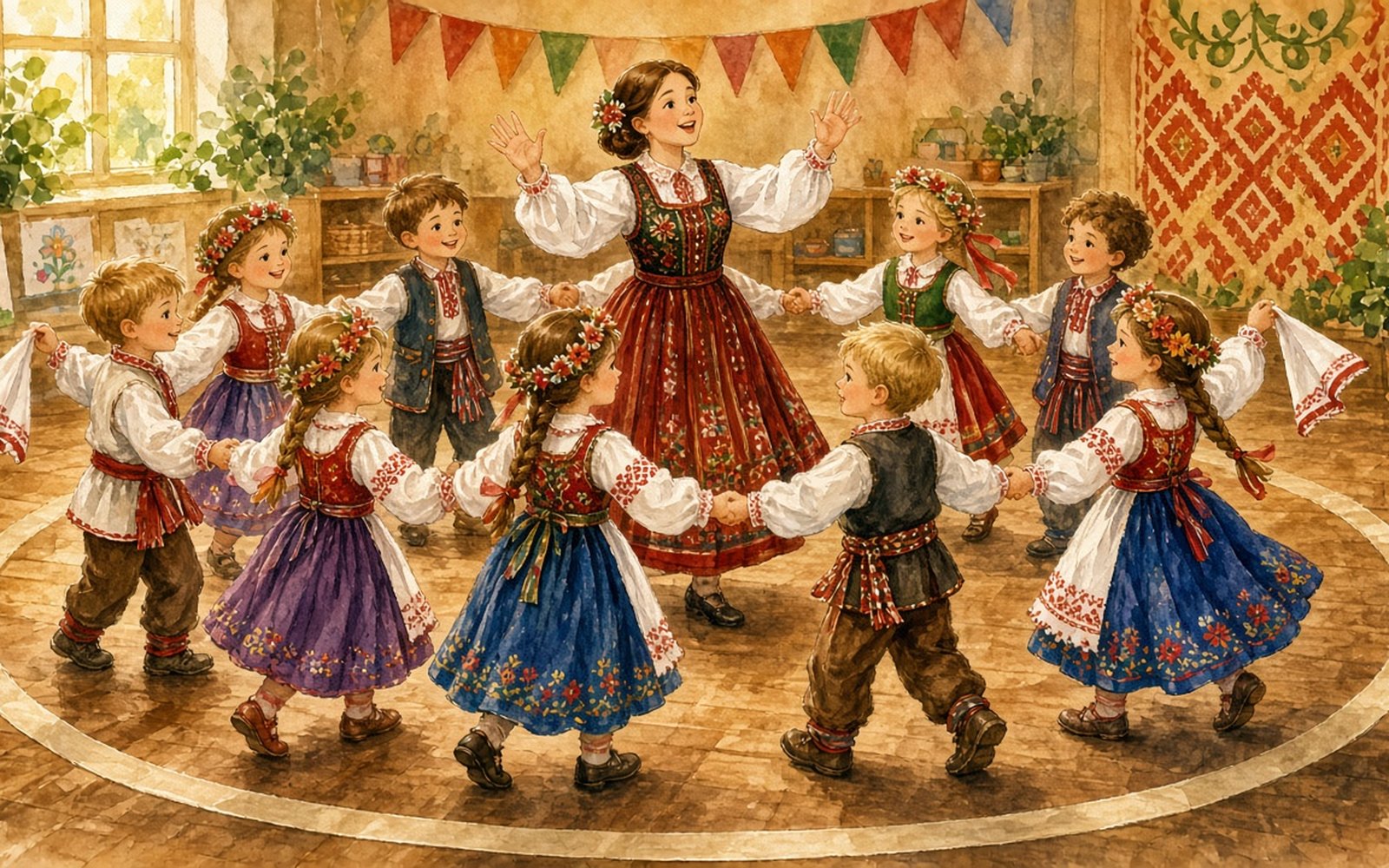 Grupas zālē astoņi bērni (4–5 gadi) dejo aplī, sadevušies rokās, un divi pāri priekšplānā griežas, turot baltus lakatiņus ar sarkanām malām. Audzinātāja apļa vidū ar paceltām rokām skaita uz pirkstiem, uz grīdas redzams līmlentes aplis un pie sienas skaitļu kartītes no 1 līdz 8.