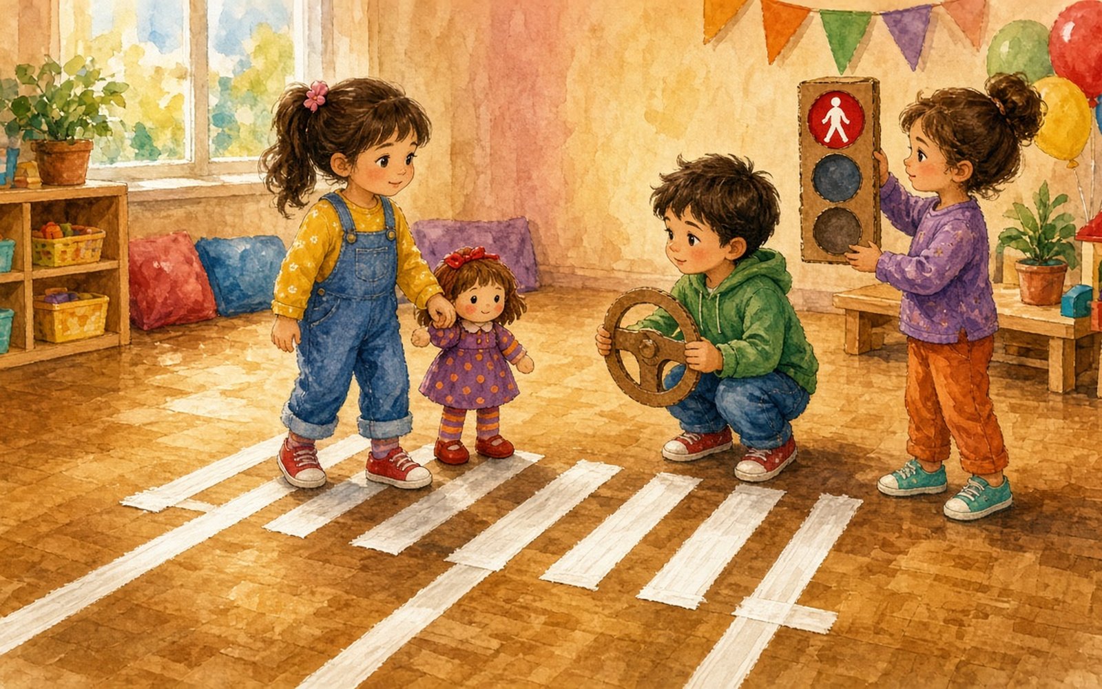 Grupas zālē uz grīdas ar baltu līmlenti izveidota iela ar gājēju pārejas svītrām; meitene (4–5 gadi) vada aiz rokas mazāku lelli un gaida pie pārejas, zēns ar kartona stūri rokās apstājies pirms svītrām, bet cits bērns paceļ kartona luksoforu ar sarkanu gājēja signālu. Telpas galos redzamas kartona mājas un bērnudārza makets ar zīmētiem logiem.