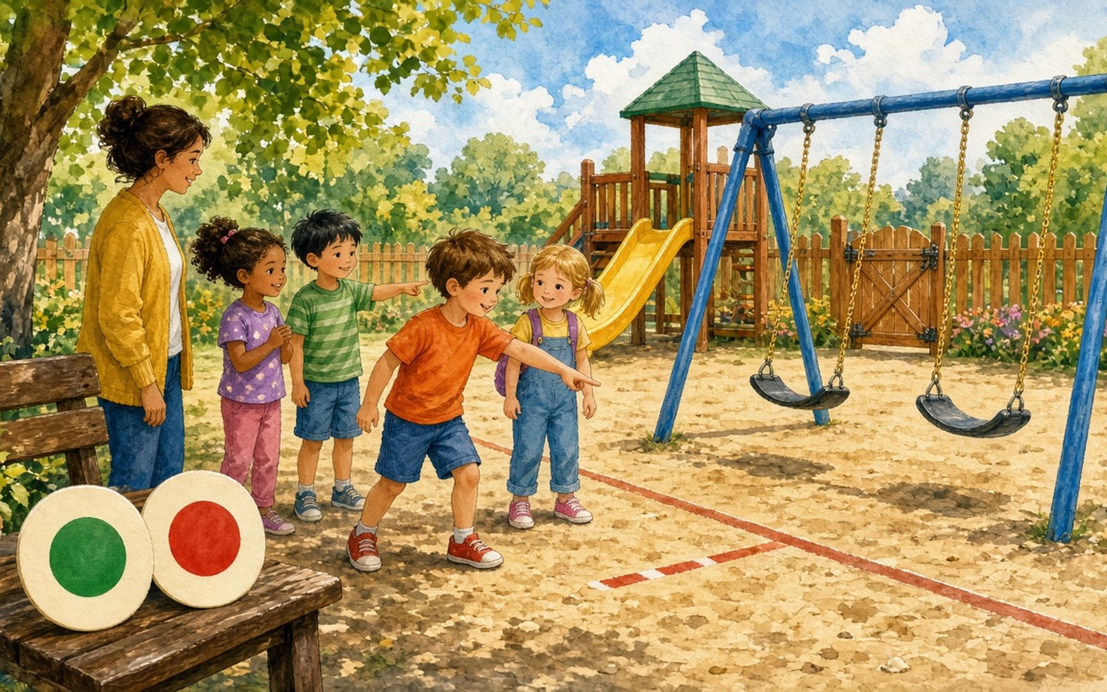 Bērnudārza rotaļu laukumā četri bērni (5–6 gadi) ar audzinātāju stāv sānis no kustīgām šūpolēm, un viens zēns ar izstieptu roku rāda uz līniju zemē, kur jāapstājas. Priekšplānā uz soliņa noliktas kartītes ar zaļu un sarkanu apli, fonā redzams slidkalniņš un sēta ar vārtiņiem uz ielu.