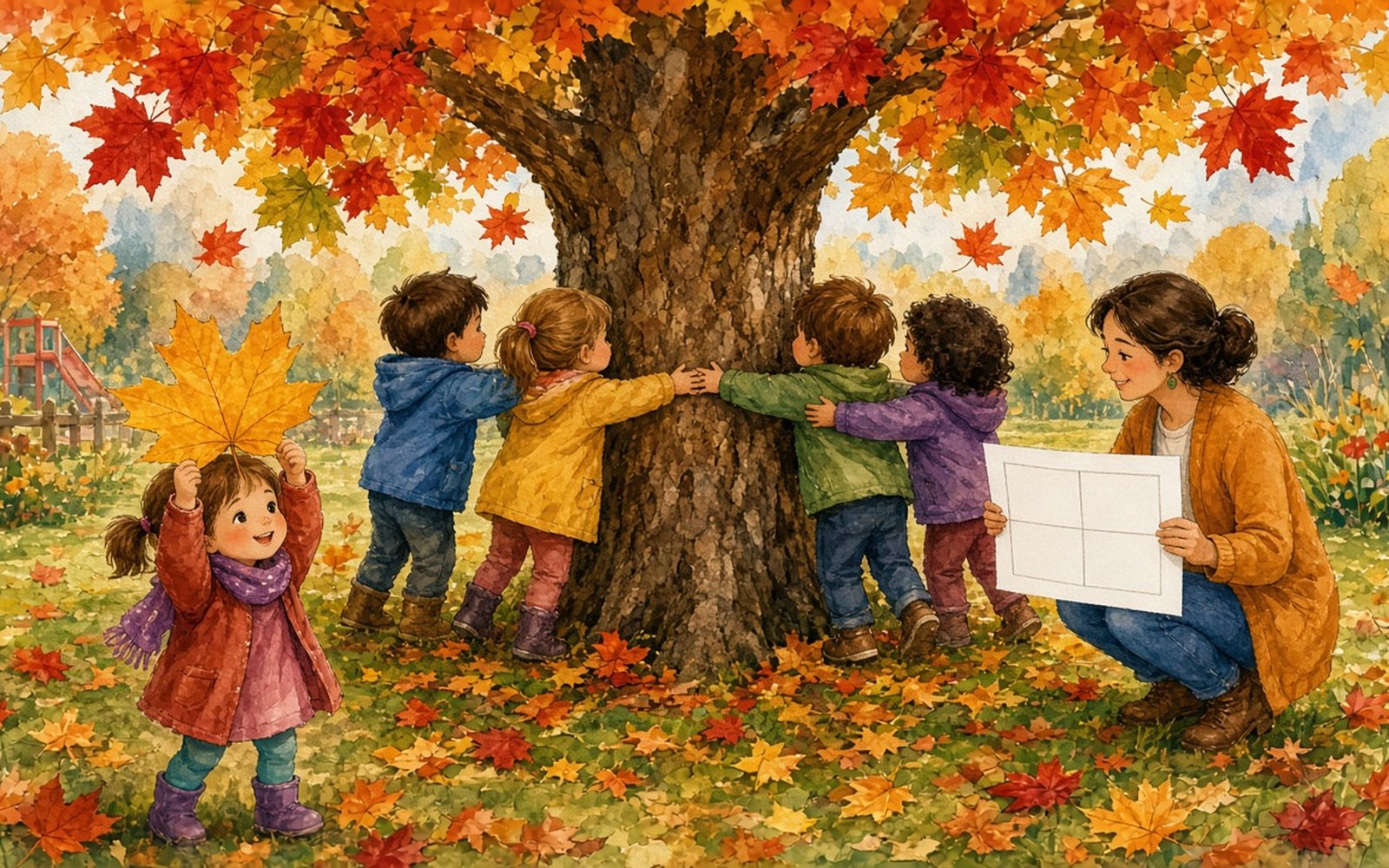 Rudens pagalmā četri bērni (3–4 gadi) sadevušies rokās apkārt resnai kļavai, cenšoties to apskaut, bet zem koka zālē guļ daudz dzeltenu un sarkanu lapu. Priekšplānā meitene tur paceltu vienu lielu dzeltenu lapu, audzinātāja blakus tur A3 lapu ar četriem laukumiem un uzzīmētu koku.