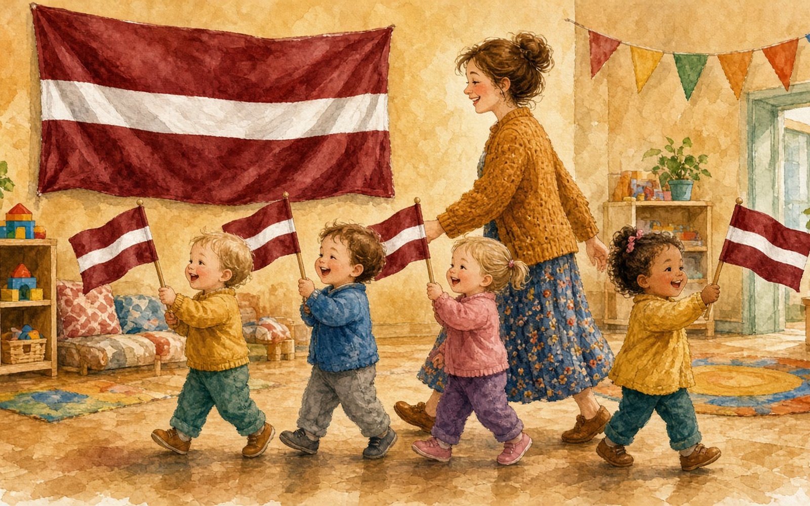 Grupas zālē četri mazuļi (1–2 gadi) soļo rindiņā, katrs rokā vicinot mazu mīkstu sarkanbaltsarkanu auduma karodziņu, priekšā iet audzinātāja. Pie sienas karājas liels Latvijas karogs.