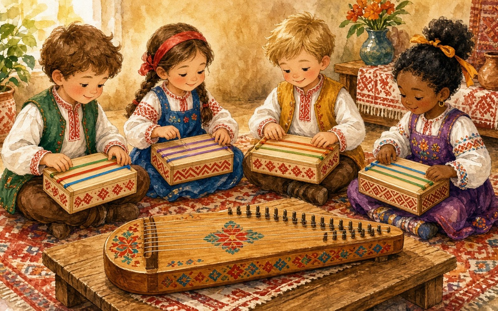 Uz paklāja sēž četri bērni (4–5 gadi), katram klēpī kurpju kaste ar trim izstieptām krāsainām gumijām; meitene ar pirkstu skandina gumiju un klausās, pieliekusi galvu. Priekšplānā uz zema galdiņa guļ īsta koka kokle, bet kastu malas izrotātas ar zīmētiem sarkaniem rakstiem.