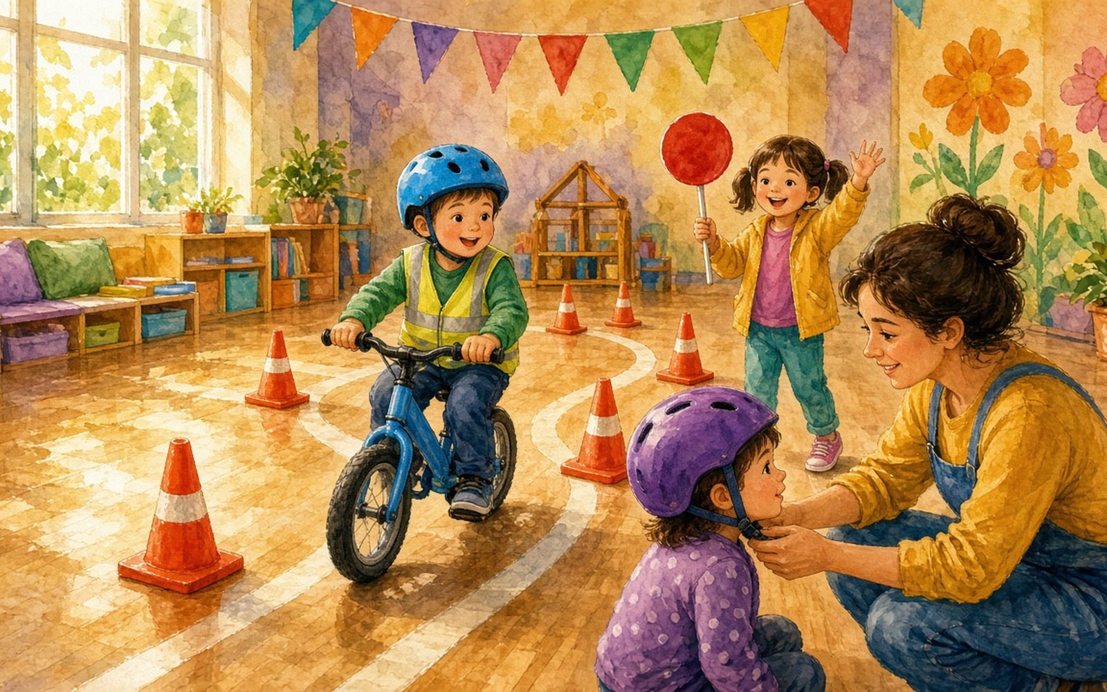 Grupas zālē līkumotā konusu trasē zēns (4–5 gadi) zilā ķiverē un dzeltenā atstarojošā vestē brauc ar balansa velosipēdu, bet meitene aiz viņa stāv pie konusa ar sarkanu lapu un pamāj ar roku. Audzinātāja priekšplānā pielāgo citam bērnam ķiveres siksniņu zem zoda, uz soliņa guļ ceļgalu sargi.