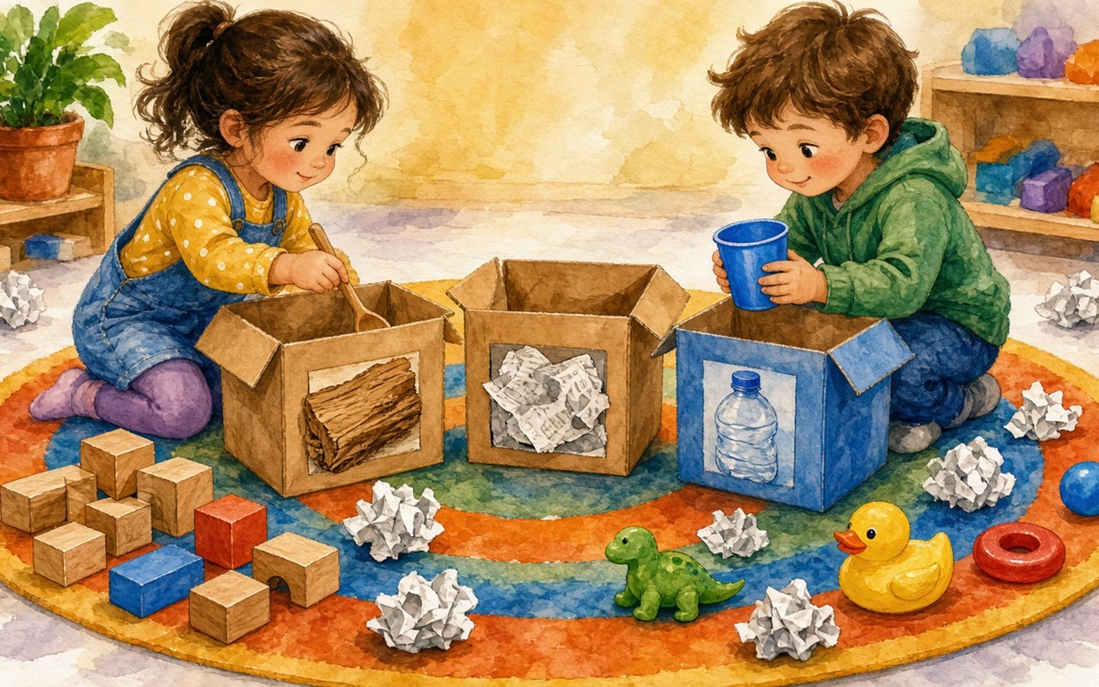 Uz grupas paklāja stāv trīs kastes ar uzlīmētiem materiālu paraugiem – koka gabals, avīzes loksne un plastmasas pudele; meitene (3–4 gadi) liek koka karoti pirmajā kastē, zēns tur rokās zilu plastmasas krūzīti. Apkārt uz paklāja izkaisīti koka kluči, avīzes, kartona kastītes un vāciņi.