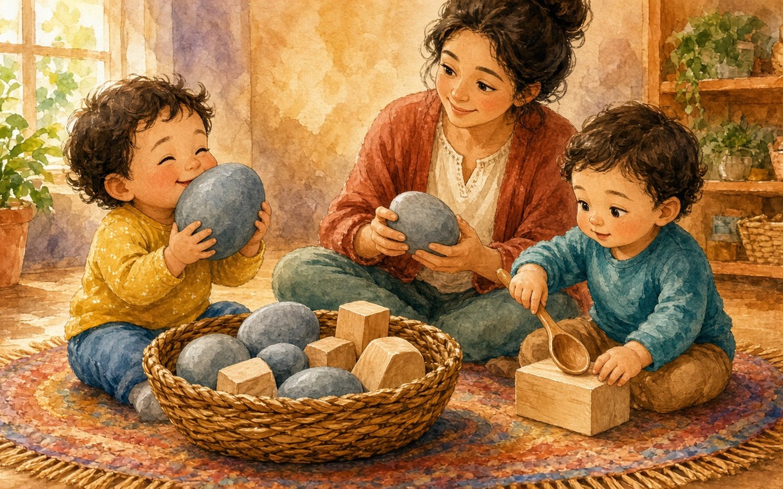 Uz paklāja pītā grozā guļ lieli gludi pelēki akmeņi un gaiši koka kluči; mazulis (1–2 gadi) tur abās rokās lielu akmeni un piespiež to pie vaiga, otrs mazulis klauvē ar koka karoti pa kluci. Audzinātāja sēž blakus un tur vienu akmeni un vienu kluci.