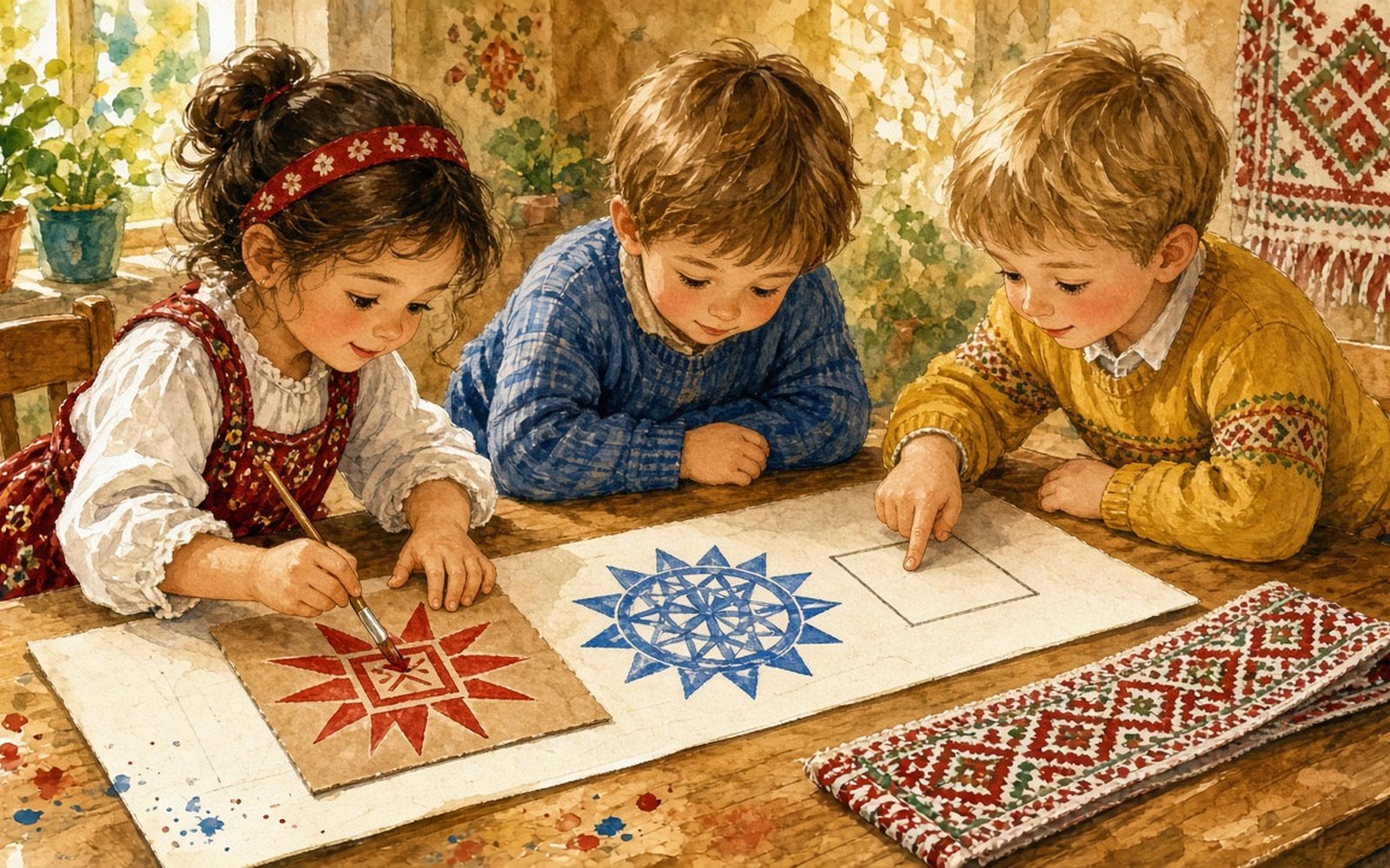 Pie gara galda trīs bērni (4–5 gadi) zīmē uz gara papīra strēmeles-jostas rakstu: meitene ar kartona trafaretu iezīmē sarkanu Saules zīmi, zēns blakus jau uzzīmējis zilu Mēness zīmi, bet trešais bērns ar pirkstu rāda nākamo tukšo lauciņu. Galda galā guļ īsta tautastērpa josta ar sarkani baltu rakstu un zīmju kartītes.