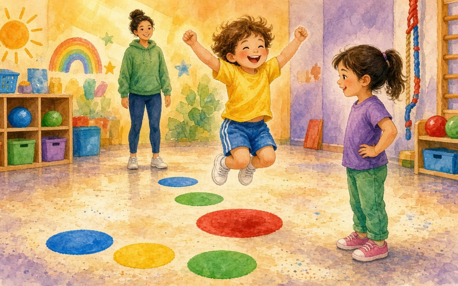 Sporta zālē uz grīdas taciņā izliktas krāsainas plakanas ripas – sarkanas, zilas, dzeltenas un zaļas; priecīgs bērns (3–4 gadi) lec ar abām kājām sarkanajā ripā, blakus meitene gaida savu kārtu, fonā audzinātāja.
