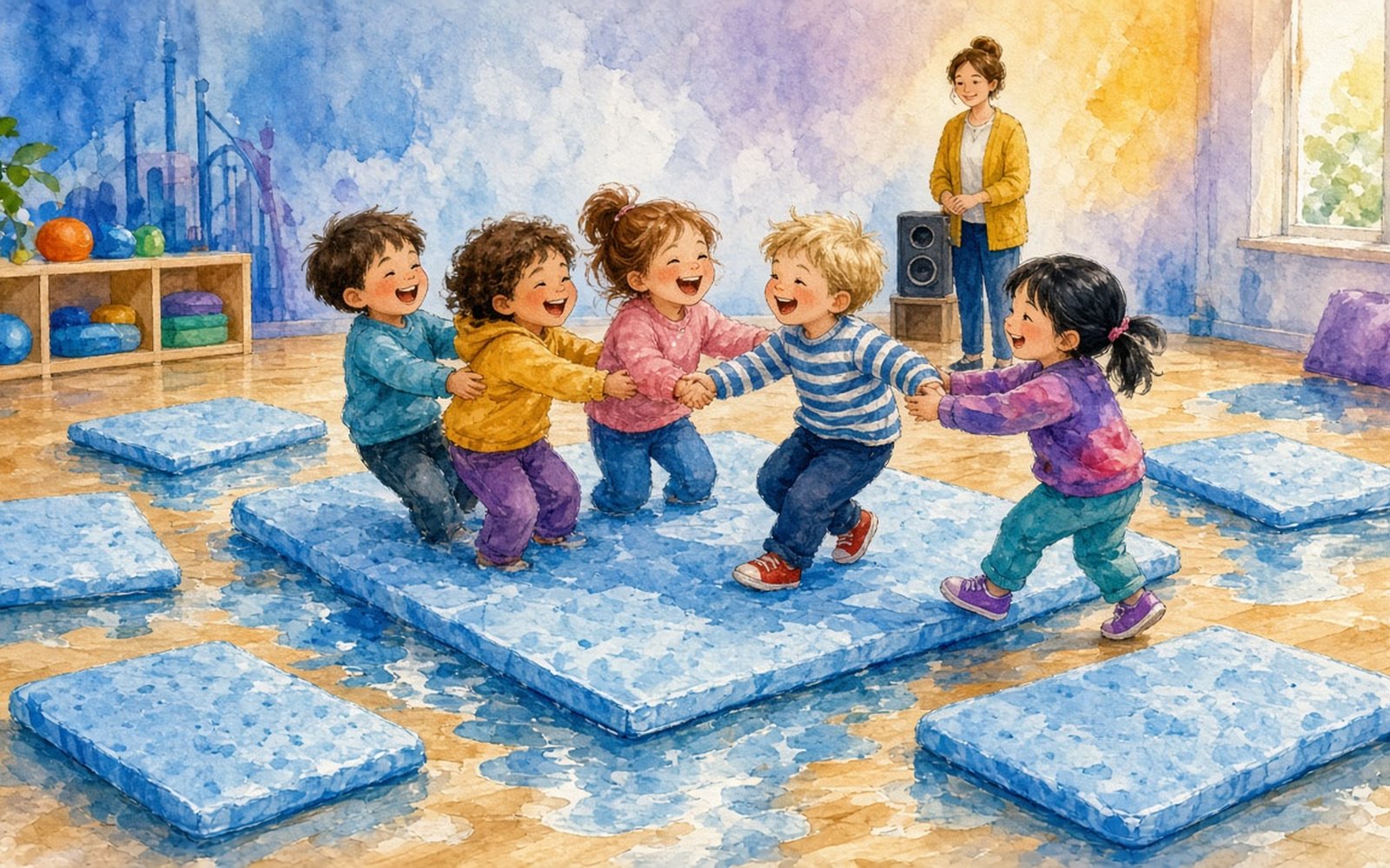 Sporta zālē uz grīdas gaiši zili paklāji – «ledus salas»; pieci bērni (4–5 gadi) smejoties sadevušies rokās un sastājušies uz vienas lielas salas, viena meitene palīdz draugam uzkāpt; fonā audzinātāja pie skaļruņa.