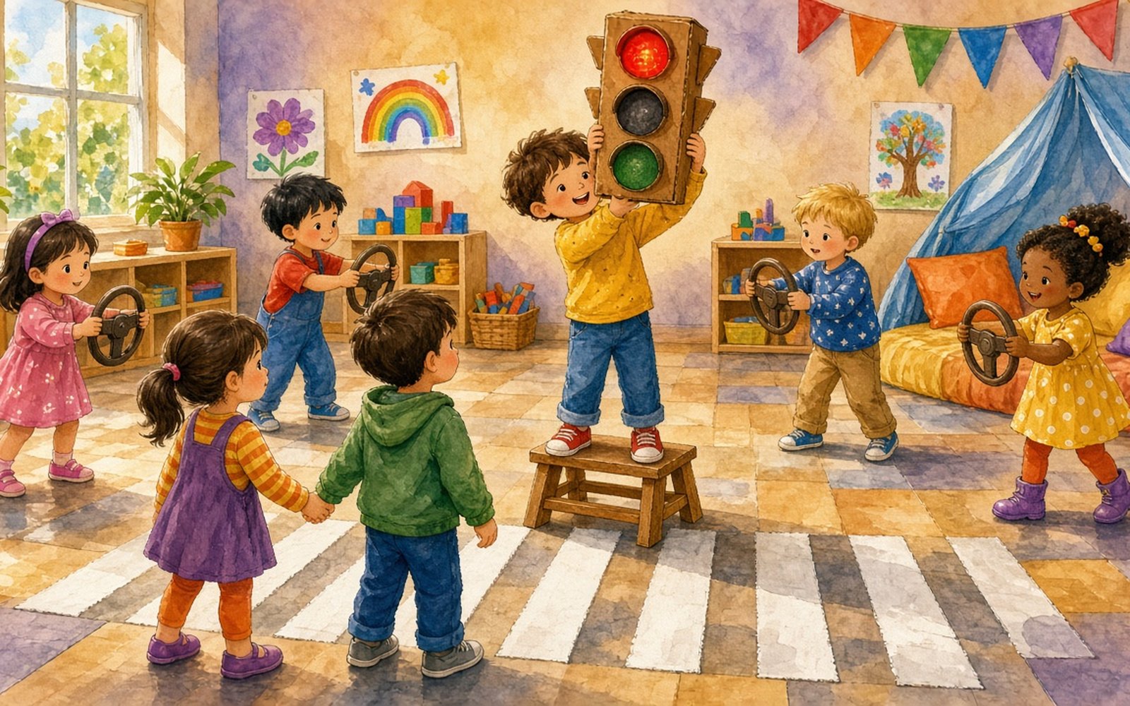 Grupas zālē zēns (3–4 gadi) augstu tur lielu kartona luksoforu ar izgaismotu sarkanu apli, un pieci bērni ar iedomātām stūrēm rokās sastinguši vietā. Priekšplānā divi bērni sadevušies rokās stāv pie līmlentes gājēju pārejas svītrām un skatās uz luksoforu.