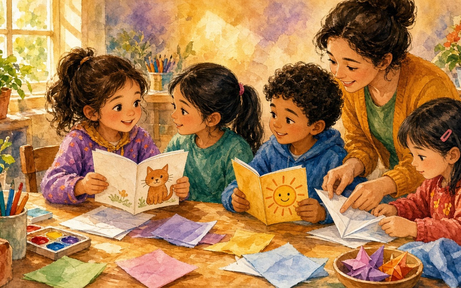 Pie galda meitene (5–6 gadi) atver mazu salocītu papīra grāmatiņu un rāda draugam lappusi ar uzzīmētu kaķi, bet zēns klausās, turot savu grāmatiņu ar sauli uz vāka. Audzinātāja blakus palīdz citam bērnam salocīt lapu pa līniju.