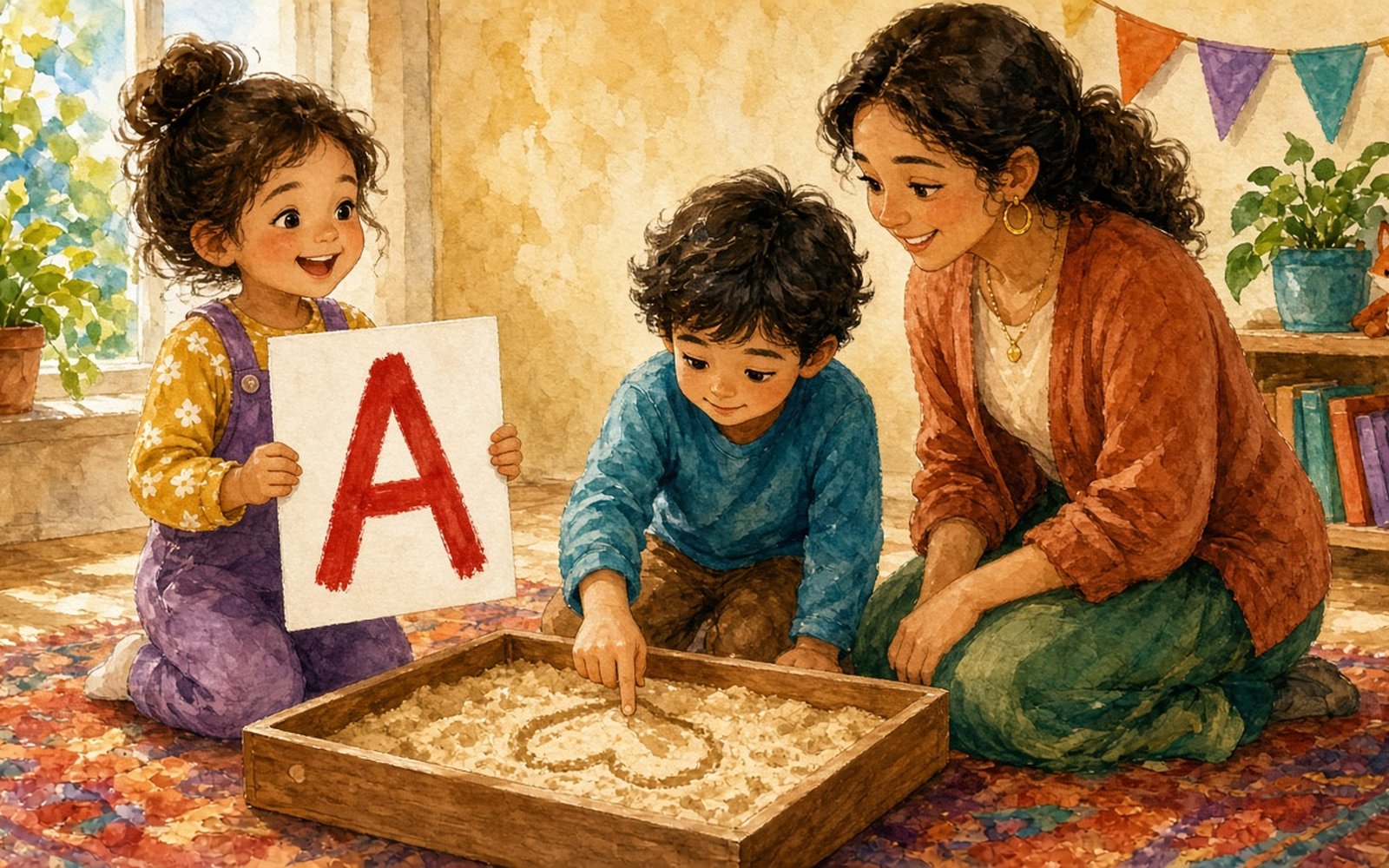 Grupas telpā meitene (3–4 gadi) ar kartīti rokās, uz kuras liels sarkans burts A, rāda ar pirkstu uz tā paša burta grāmatas vākā plauktā. Priekšplānā zēns ar pirkstu velk burtu M smilšu paplātē, uz galda izkaisīti krāsaini magnētiskie burti.