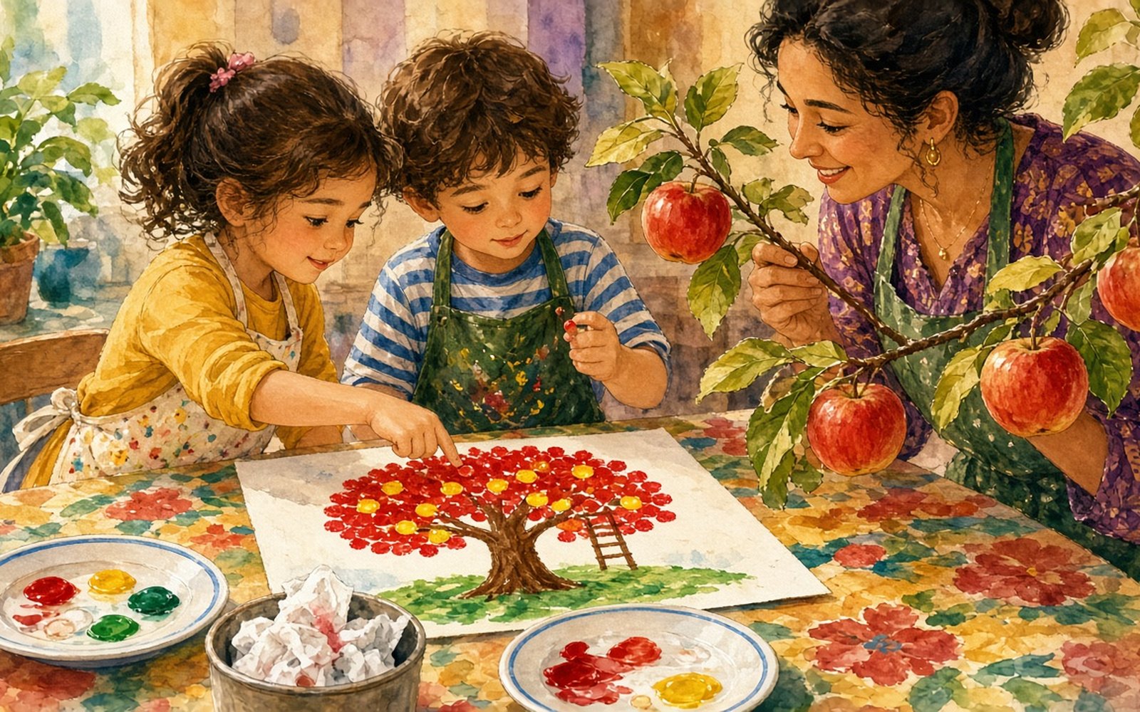 Pie galda, kas noklāts ar eļļas audumu, meitene (4–5 gadi) priekšautā ar rādītājpirkstu uzspiež sarkanu nospiedumu ābeles vainagā, kur jau sabiruši daudzi sarkani un dzelteni pirkstu nospiedumi. Zēns blakus pēta savu krāsaino pirkstu, bet audzinātāja tur ābeles zaru ar āboliem. Galda vidū stāv šķīvīši ar krāsu un mitras salvetes.