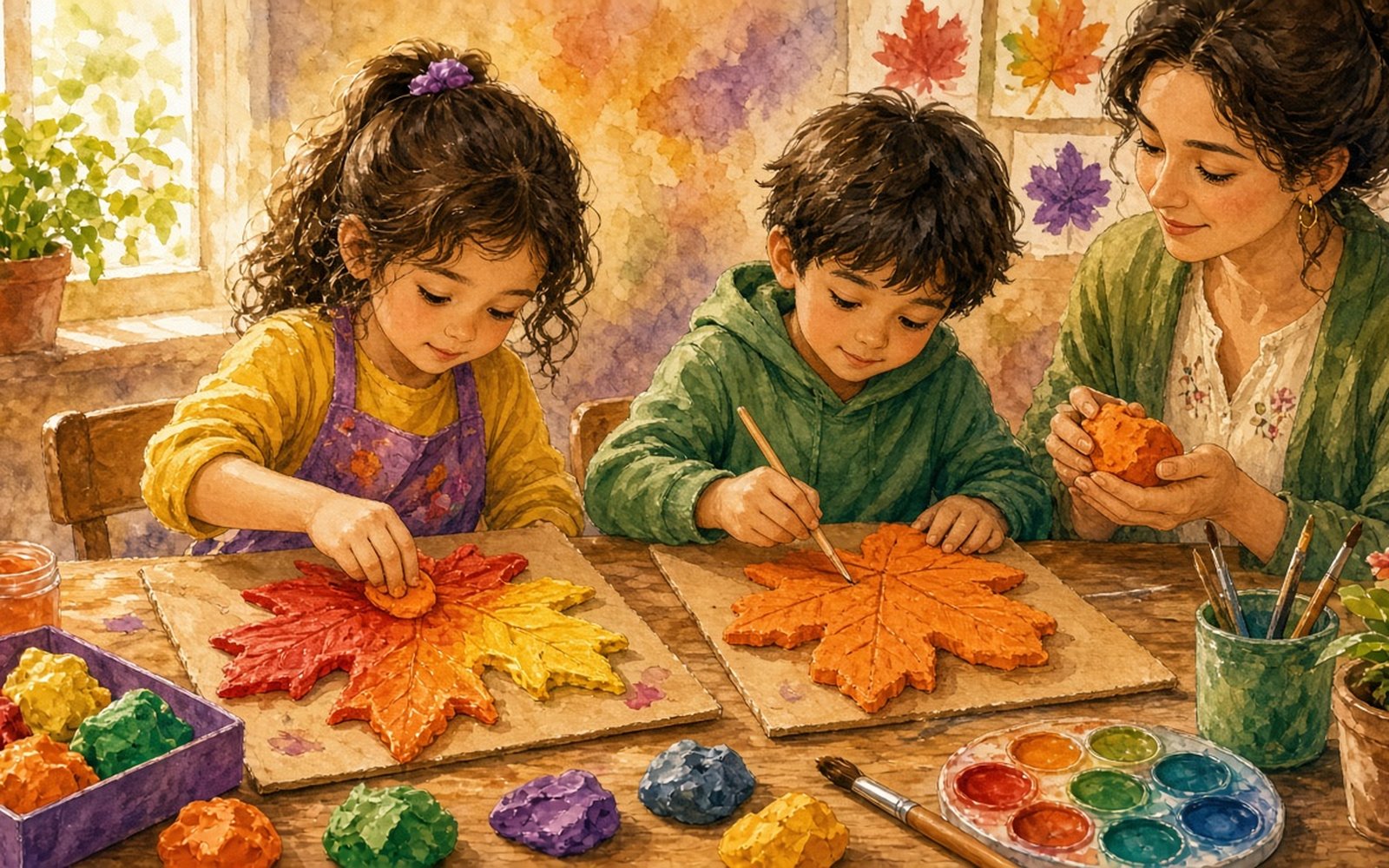 Pie galda meitene (5–6 gadi) ar īkšķi izsmērē oranžu plastilīnu uz lielas kļavas lapas kontūras, un daļa lapas jau pārklāta ar sarkanu un dzeltenu plastilīna «krāsu». Zēns blakus ar veidošanas kociņu ievelk dzīslas savā lapā. Audzinātāja sēž pie galda un rokās iesilda plastilīna gabalu.