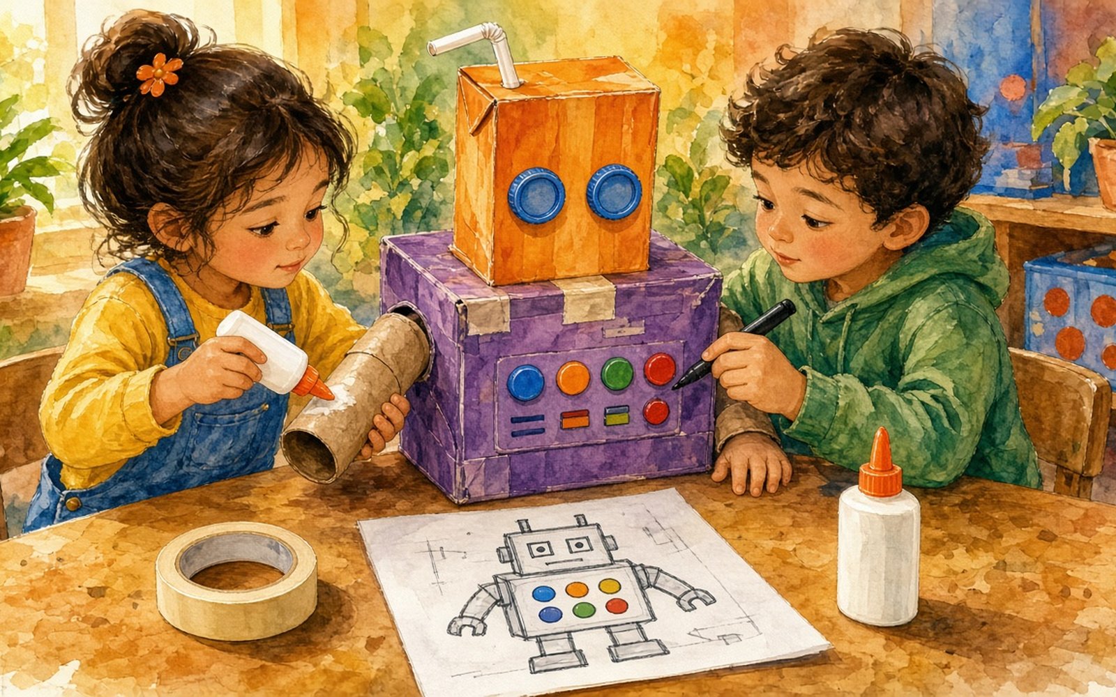 Pie galda divi bērni (4–5 gadi) būvē robotu no kurpju kastes un sulas pakas: meitene pielīmē tualetes papīra rullīti kā roku, zēns ar flomāsteri zīmē pogas uz robota krūtīm. Robota galvā kā acis pielīmēti divi zili vāciņi, galda malā guļ plāna lapa ar zīmētu robotu, līmlente un PVA līmes pudele.