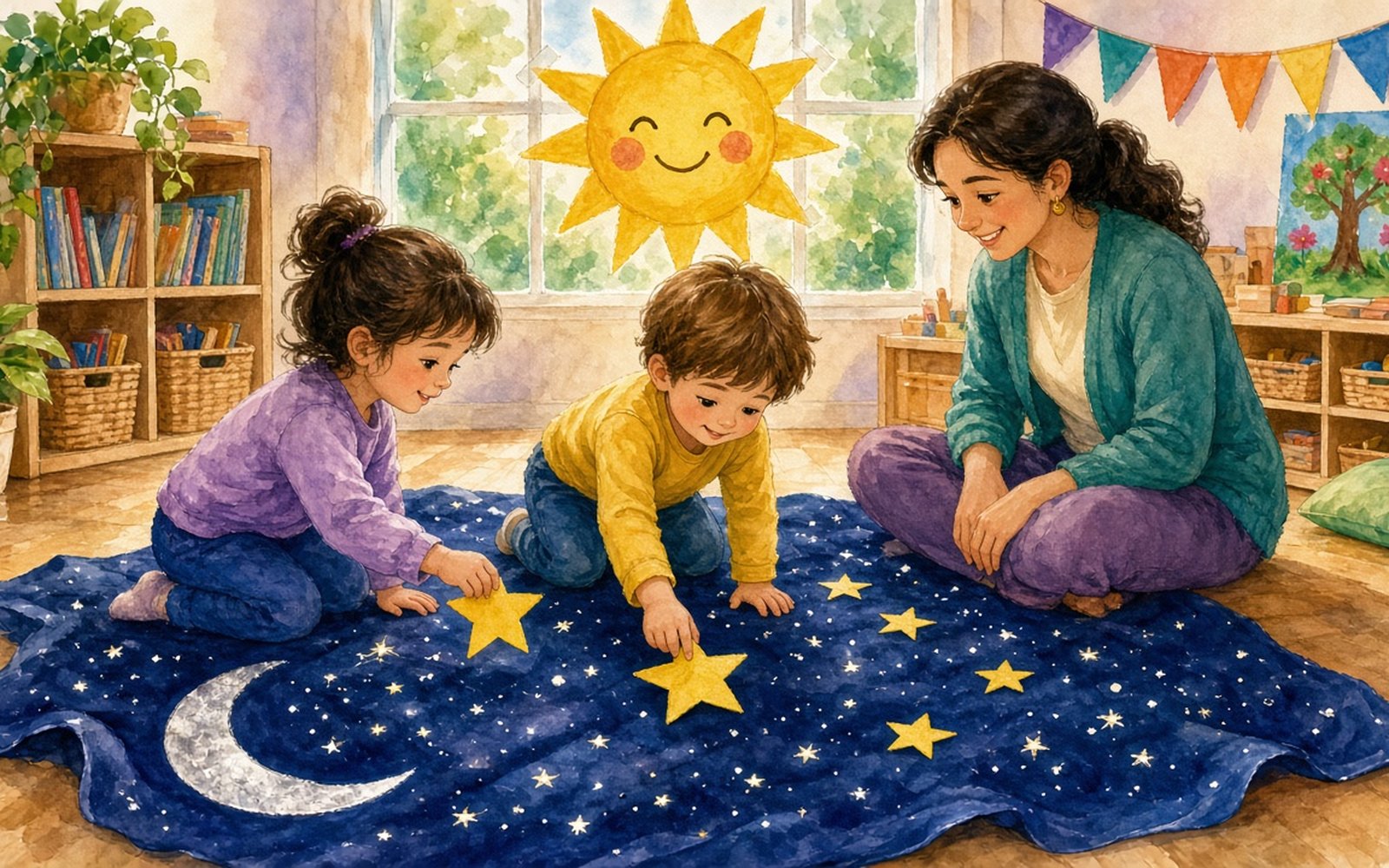 Grupas telpā uz grīdas izklāts tumši zils audums kā nakts debess ar sudrabainu Mēness sirpi vienā malā; divi bērni (3–4 gadi) liek uz tā dzeltenas papīra zvaigznes. Fonā pie loga pielīmēta liela smaidoša dzeltena Saule, audzinātāja sēž blakus un smaida.
