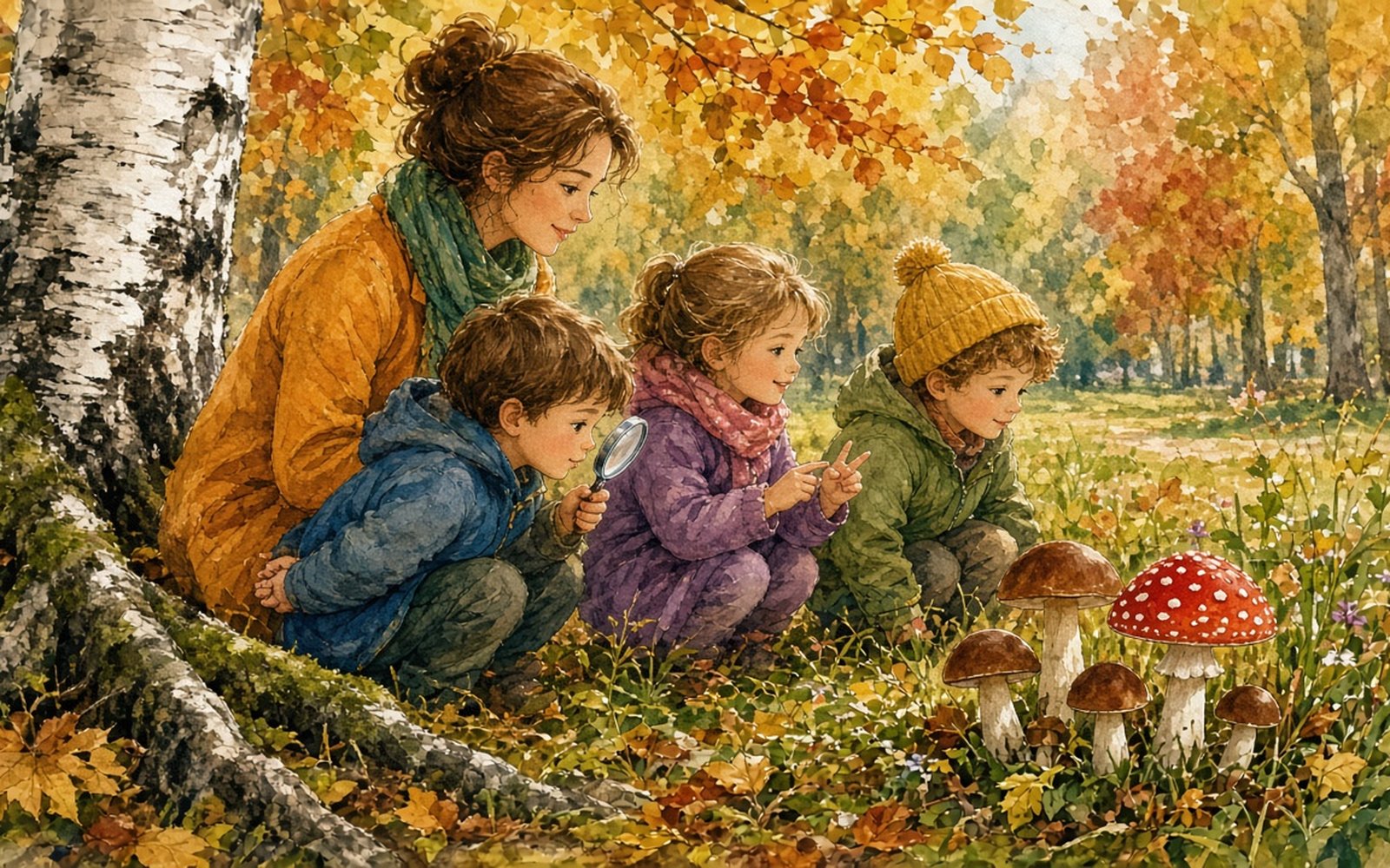 Rudens parkā pie bērza saknēm audzinātāja un trīs bērni (4–5 gadi) tupus vēro sēnes – dažas brūnas cepures zālē un vienu sarkanu mušmiri ar baltiem punktiem; zēns ar lupu skatās no attāluma, rokas turot aiz muguras, meitene skaita uz pirkstiem. Blakus zālē stāv tukšs pīts groziņš.