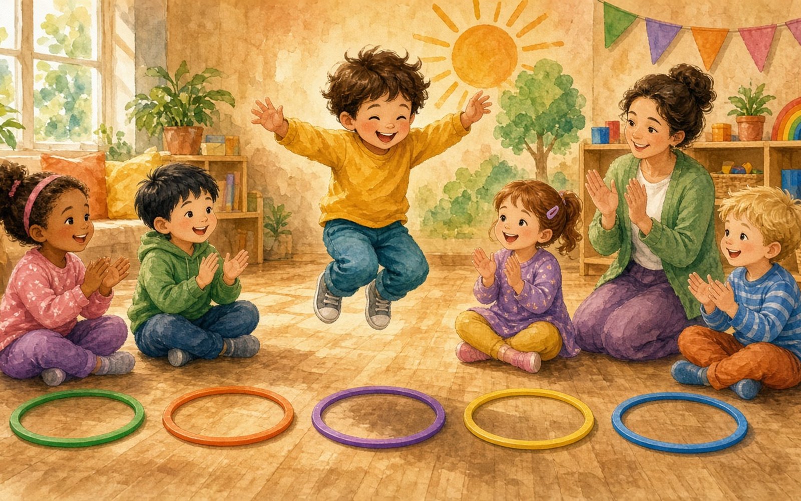 Grupas zālē uz grīdas taisnā rindā guļ piecas krāsainas stīpas; priecīgs zēns (3–4 gadi) ar abām kājām lec no stīpas stīpā, bet citi bērni sēž blakus un sit plaukstas, audzinātāja notupusies un sit plaukstas līdzi.