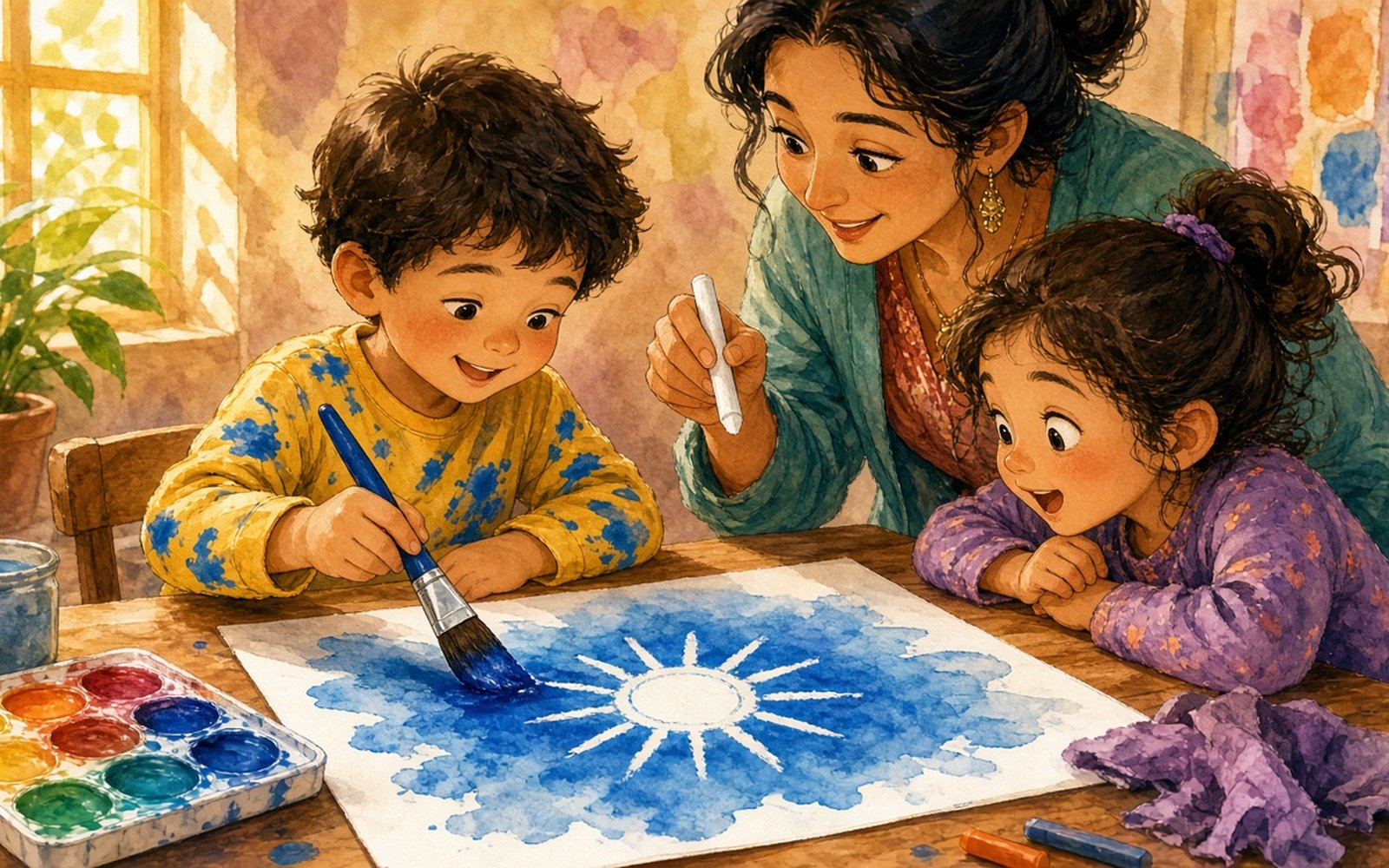 Pie galda zēns (4–5 gadi) ar platu otu pārkrāso lapu ar zilu krāsu, un zem krāsas parādās balts zīmējums – saule ar stariem. Meitene blakus pārsteigta smaida, jo tas ir viņas slepenais zīmējums. Audzinātāja tur rokā baltu vaska krītiņu un rāda, ar ko zīmējums tapis.