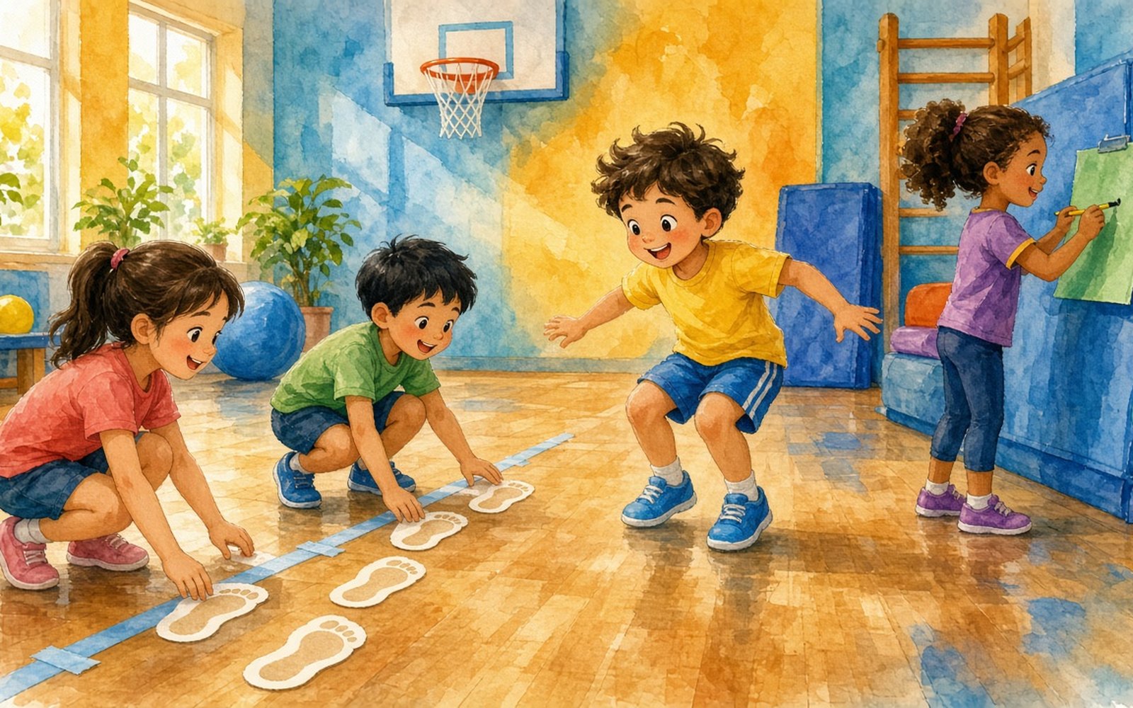 Sporta zālē zēns (5–6 gadi) tikko piezemējies pēc lēciena no līmlentes starta līnijas, bet divi komandas biedri liek rindā baltas kartona pēdiņas no līnijas līdz viņa papēžiem un skaļi skaita. Ceturtais bērns pie sienas ar zīmuli raksta ciparu «7» komandas zaļajā rezultātu lapā; fonā redzama metienu stacija ar pupu maisiņiem.