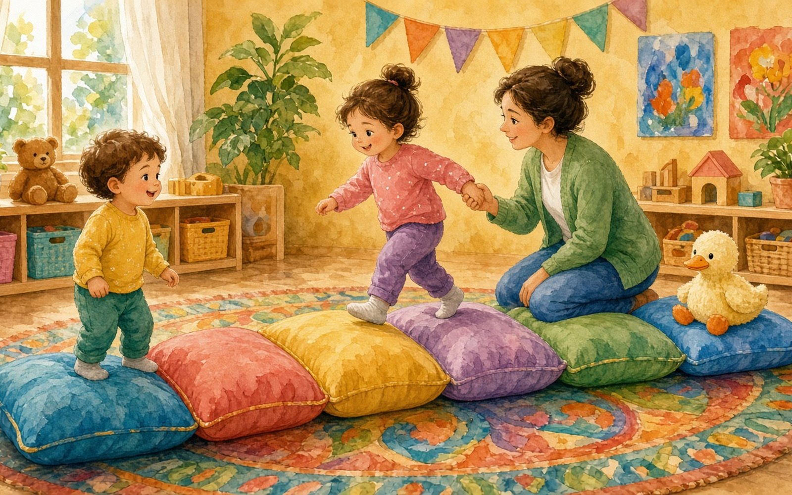 Uz grupas grīdas rindā salikti krāsaini spilveni kā tiltiņš. Mazulīte (2–3 gadi) iet pa spilveniem, turot audzinātājas roku, otrs mazulis gaida tiltiņa sākumā, bet tiltiņa galā sēž mīksta rotaļu pīlīte.
