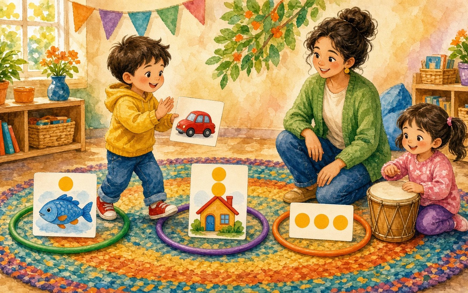 Uz grupas paklāja četras krāsainas stīpas ar lielām kartītēm 1, 2, 3, 4; zēns (4–5 gadi) nes kartīti ar mašīnu uz stīpu ar ciparu 3, meitene sit trīs sitienus bungā. Stīpā ar ciparu 1 jau guļ zivs kartīte, stīpā ar 2 – saule un māja, fonā audzinātāja tur maisiņu ar kartītēm.
