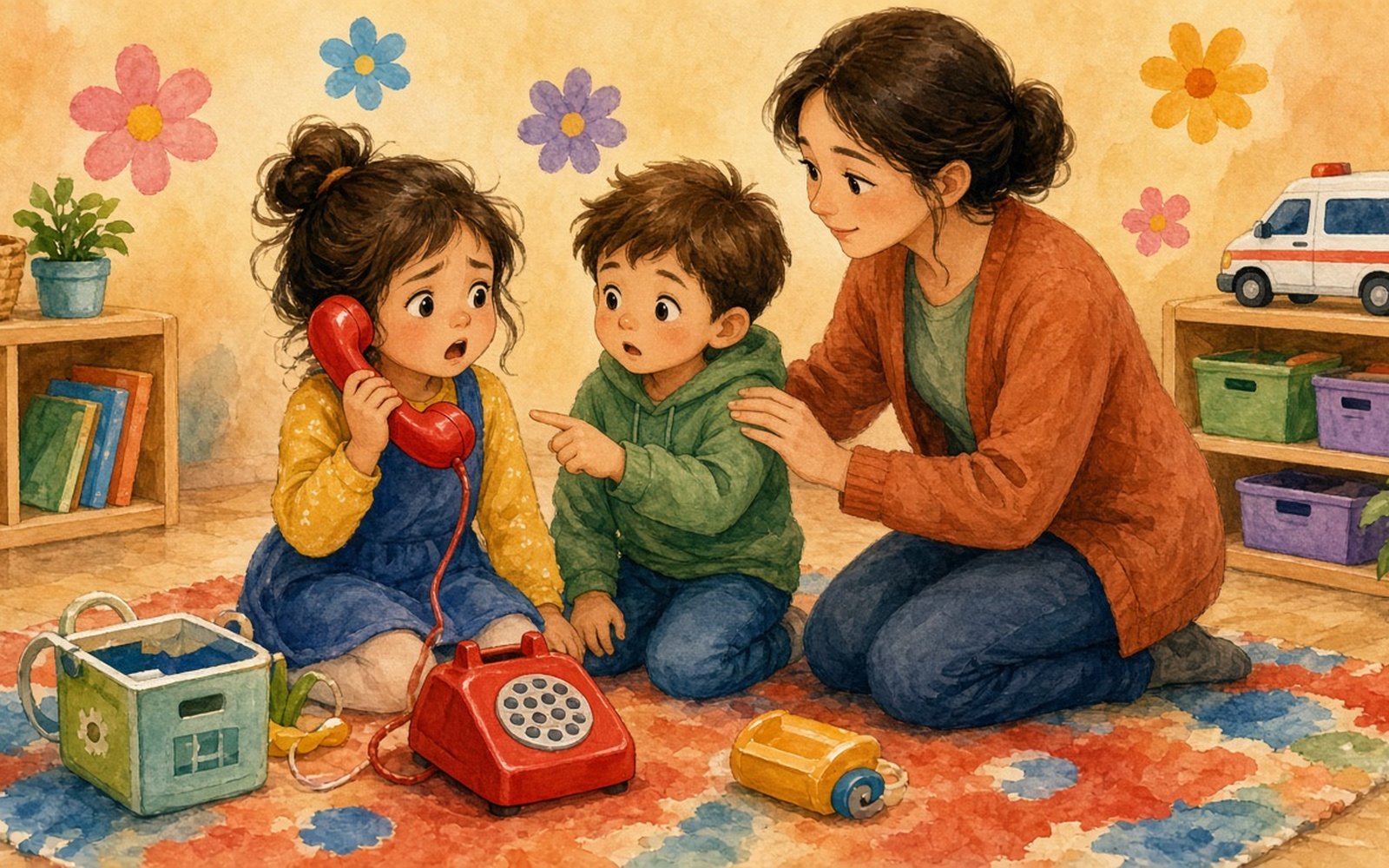 Divi bērni (5–6 gadi) sēž viens pret otru uz paklāja: viens tur pie auss sarkanu kartona telefonu ar lieliem cipariem 1-1-2, otrs ar papīra austiņām uz galvas klausās un māj ar galvu. Aiz viņiem uz grīdas pielīmēti lieli cipari 1, 1, 2 un stāv divas kastes ar uzrakstiem «112» un «Pajautā pieaugušajam», kurās redzamas zīmētas kartītes ar dūmiem virtuvē un kaķi kokā.
