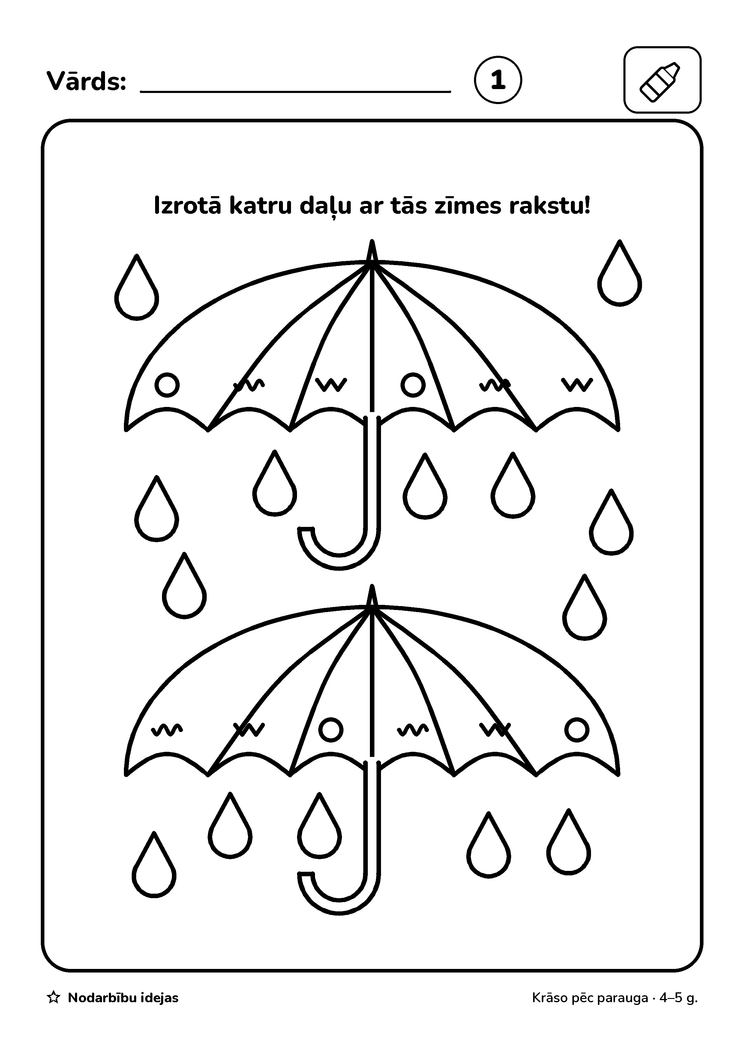 Lietussargu raksti — Krāso pēc parauga · darba lapa