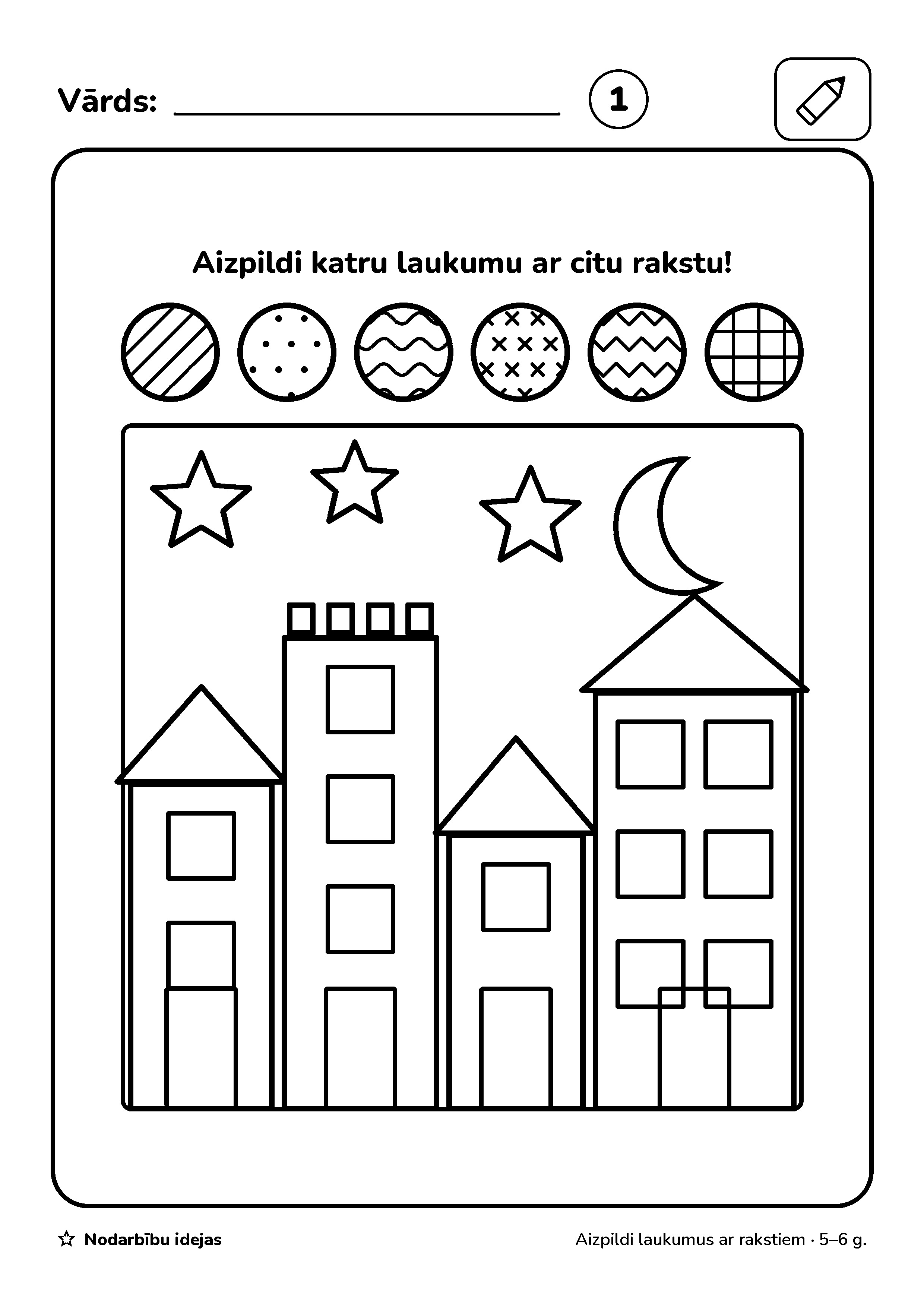 Skrāpējumu glezna — Aizpildi laukumus ar rakstiem · darba lapa